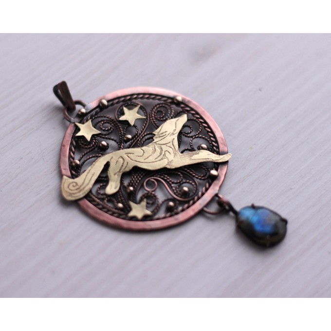 Copper filigree fox necklace with labradorite