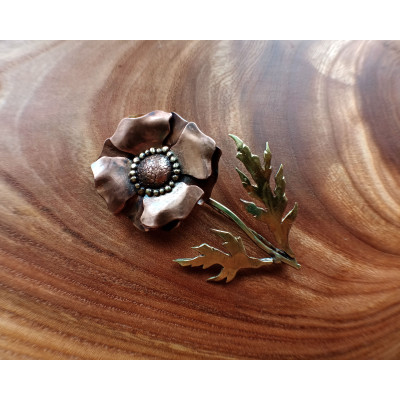 Copper-brass poppy brooch