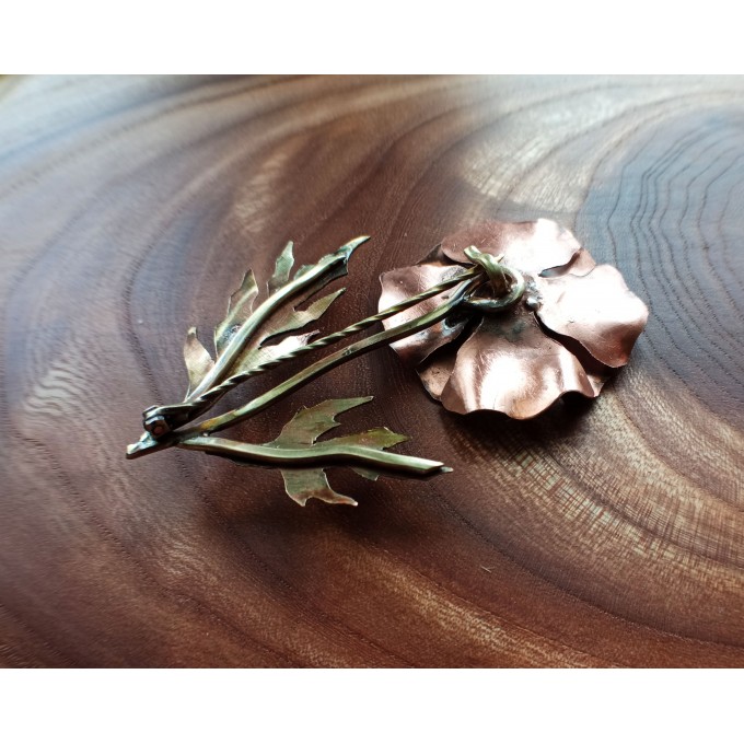 Copper-brass poppy brooch