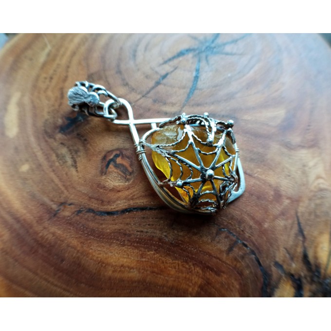 Silver filigree amber spider web necklace