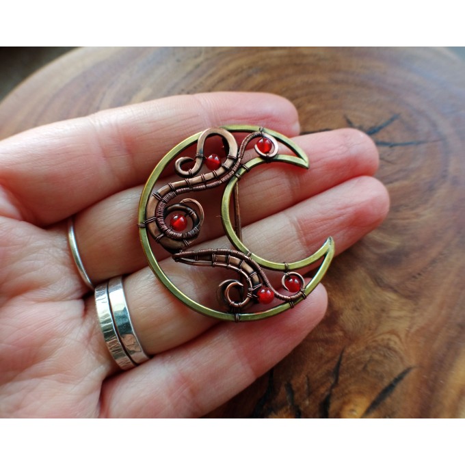 Moon brooch with carnelian, brass and copper