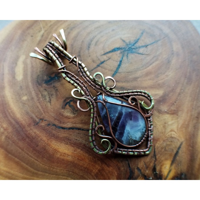 Amethyst wire wrap copper and brass necklace