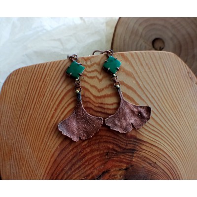 Copper ginkgo leaf earrings with malachite