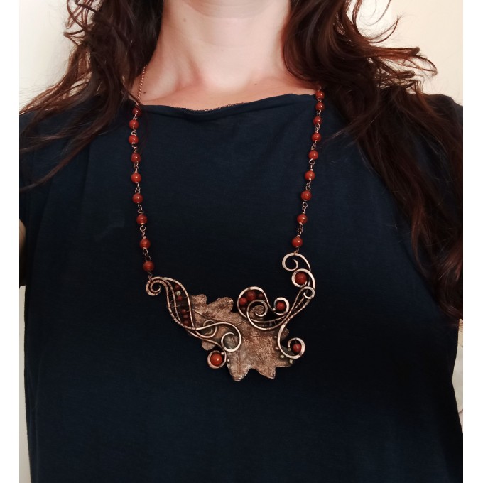 Copper oak necklace with gemstone beads
