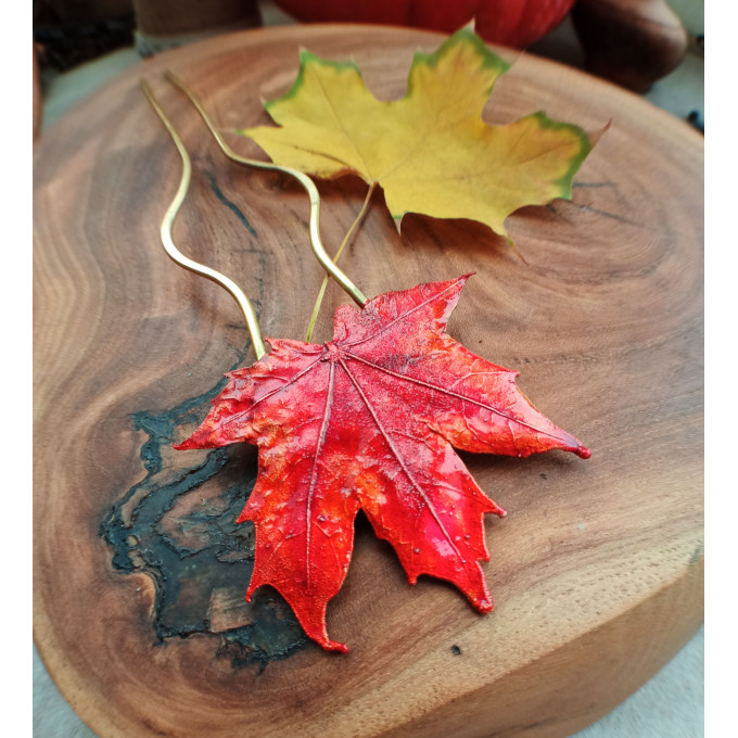 Copper hairstick with red maple leaf