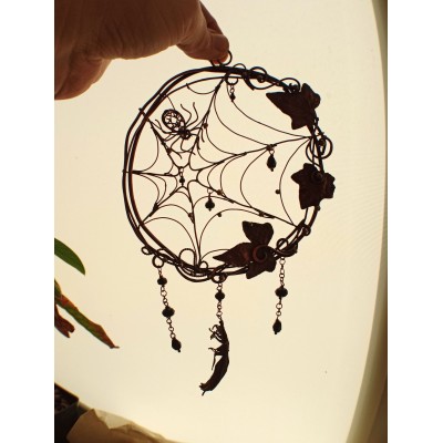 Spider web wall decor dream catcher made of copper with black beads