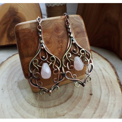 Rose quartz earrings handmade copper and brass
