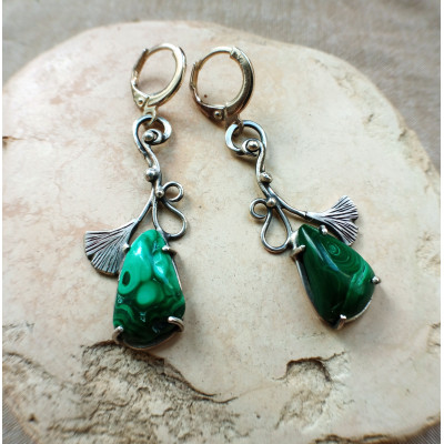 Malachite earrings with carved silver ginkgo leaves