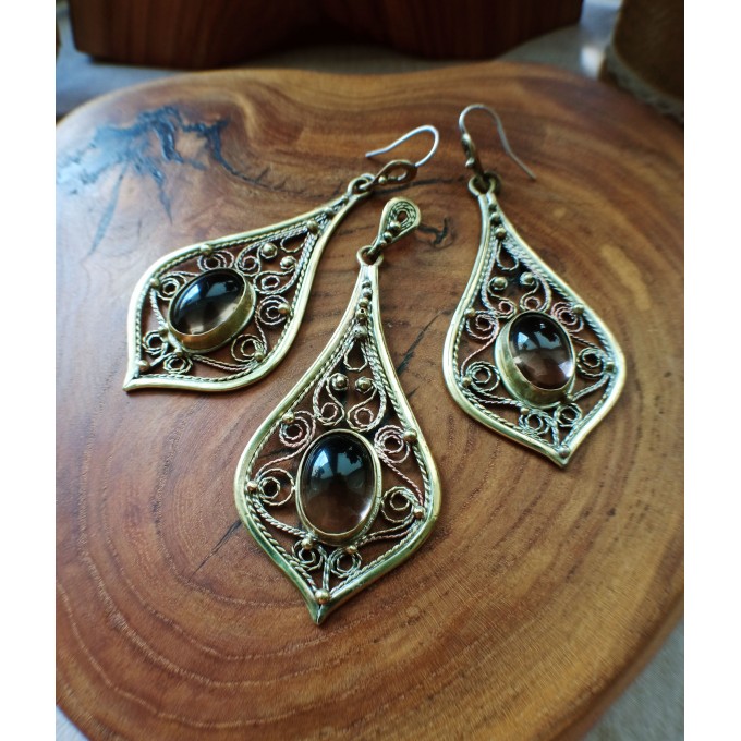 Smokey quartz earrings handmade filigree brass earrings and necklace