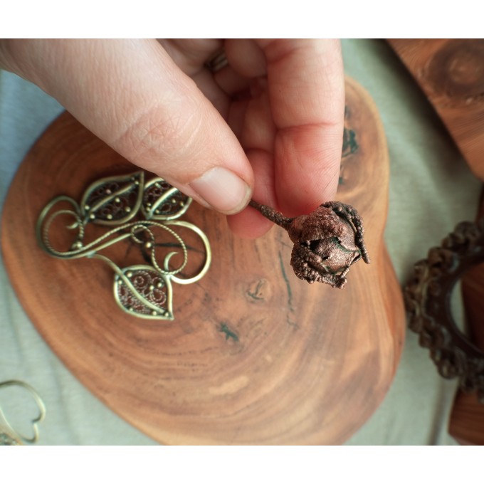 Copper and brass filigree rose brooch