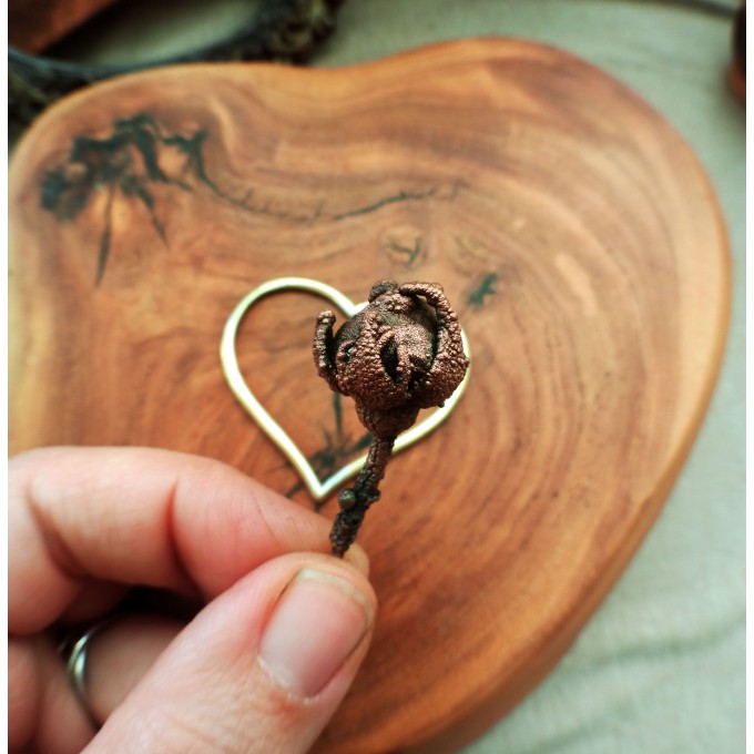 Copper rose and heart brooch