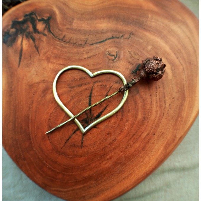 Copper rose and heart brooch