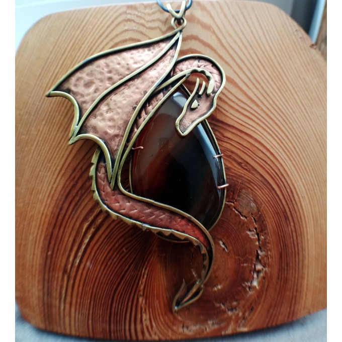 Copper and brass dragon necklace with agate