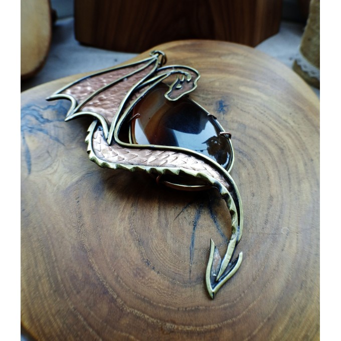 Copper and brass dragon necklace with agate