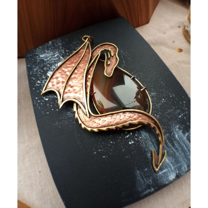 Copper and brass dragon necklace with agate