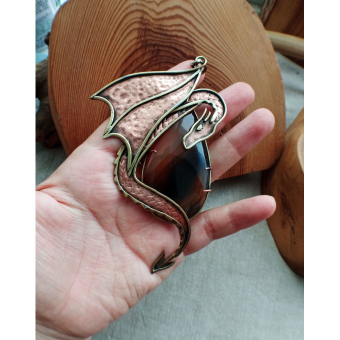 Copper and brass dragon necklace with agate