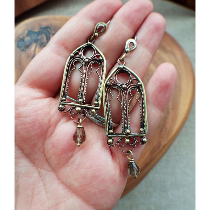 Gothic style copper and brass filigree earrings