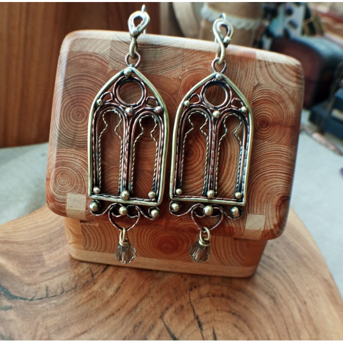 Gothic style copper and brass filigree earrings