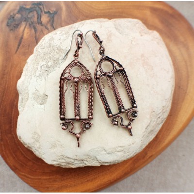 Gothic-style copper and brass filigree earrings