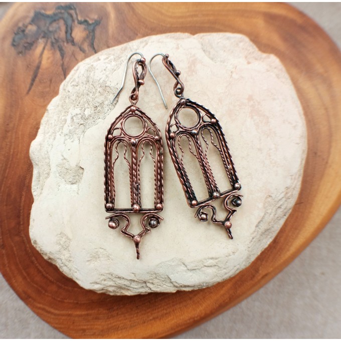 Gothic style copper and brass filigree earrings