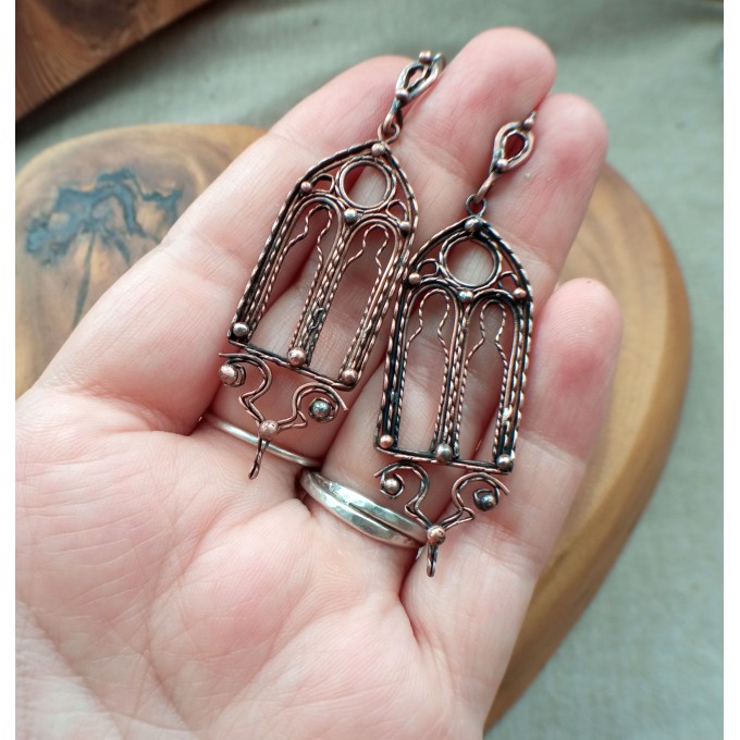 Gothic style copper and brass filigree earrings