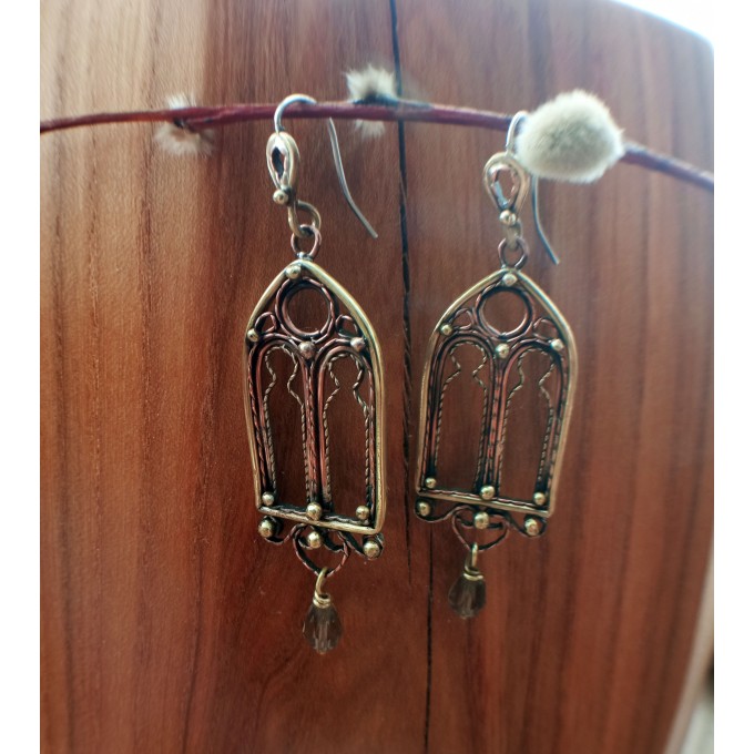 Gothic style copper and brass filigree earrings