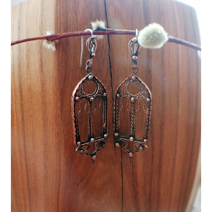 Gothic style copper and brass filigree earrings