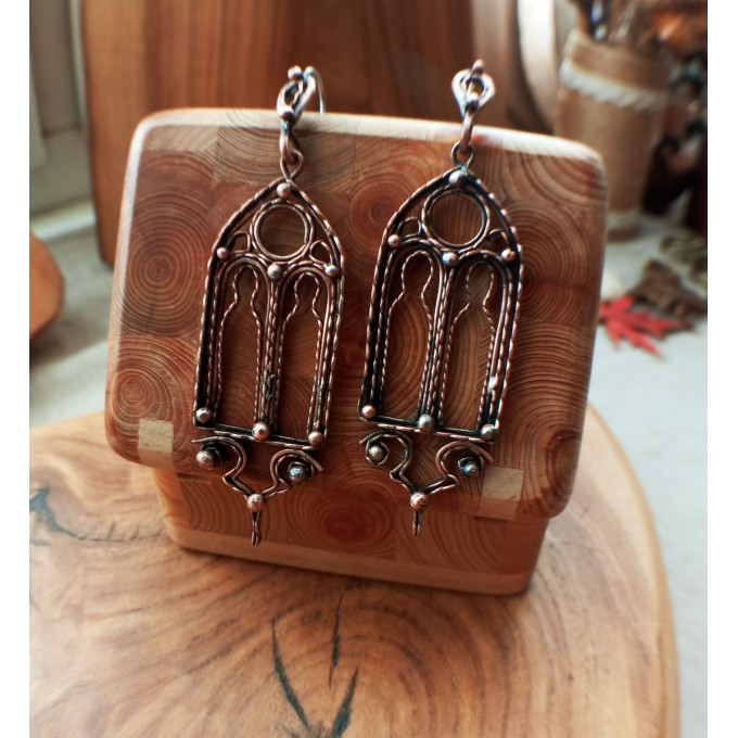 Gothic style copper and brass filigree earrings