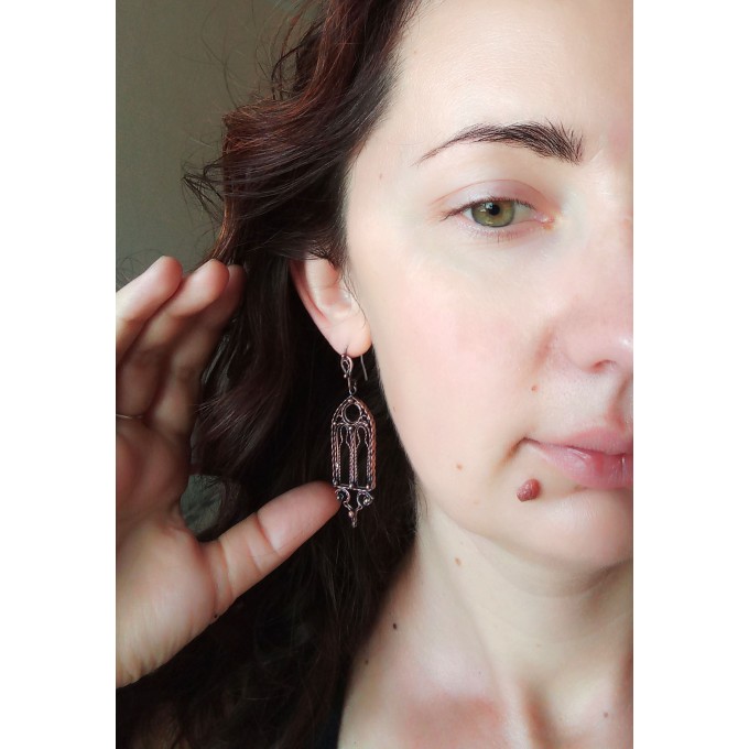 Gothic style copper and brass filigree earrings