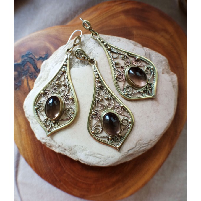 Smokey quartz earrings handmade filigree brass earrings and necklace