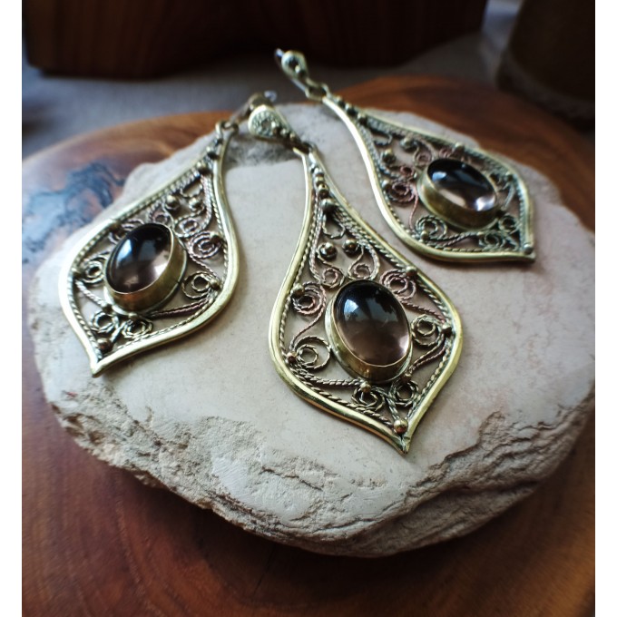 Smokey quartz earrings handmade filigree brass earrings and necklace