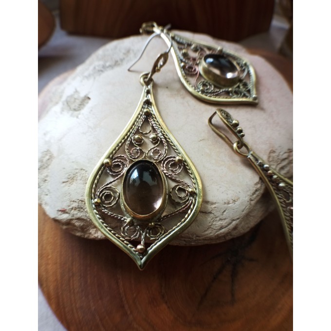 Smokey quartz earrings handmade filigree brass earrings and necklace