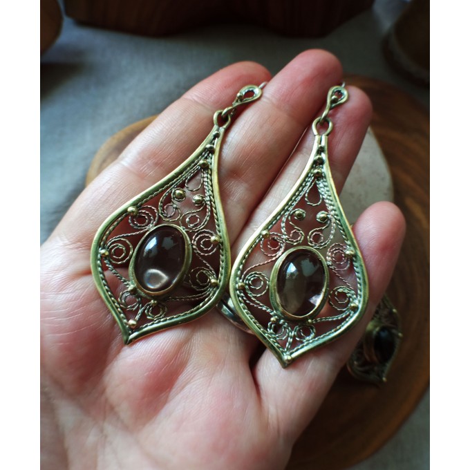 Smokey quartz earrings handmade filigree brass earrings and necklace