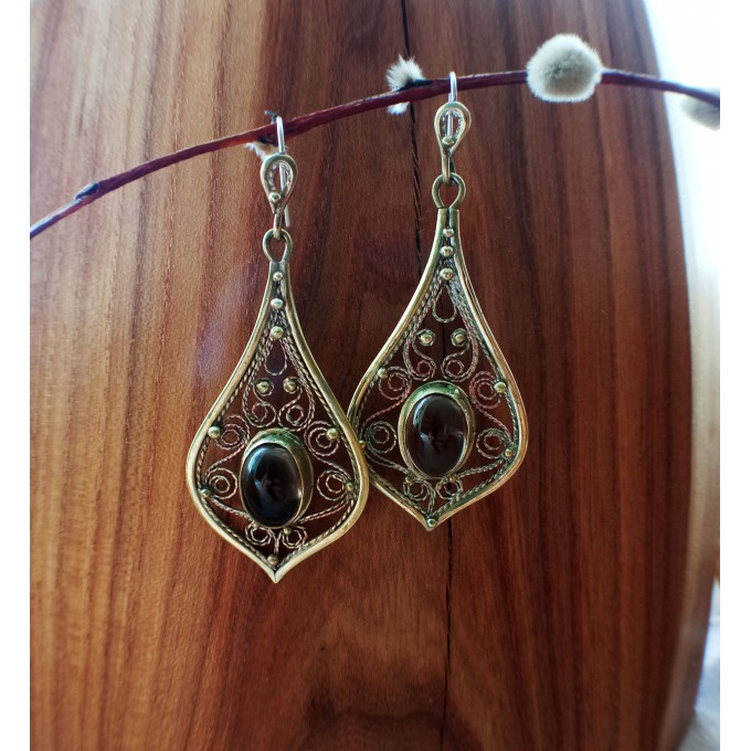 Smokey quartz earrings handmade filigree brass earrings and necklace