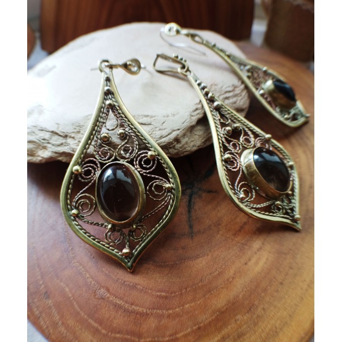 Smokey quartz earrings handmade filigree brass earrings and necklace