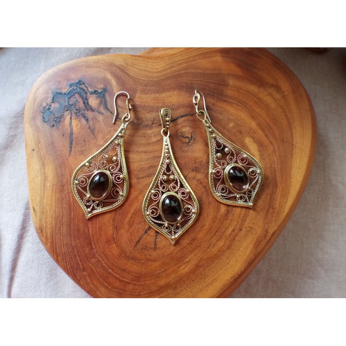 Smokey quartz earrings handmade filigree brass earrings and necklace