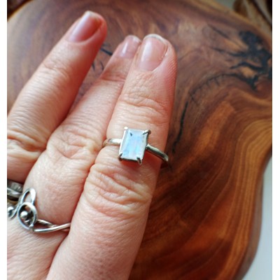 Silver moonstone ring with blue flash