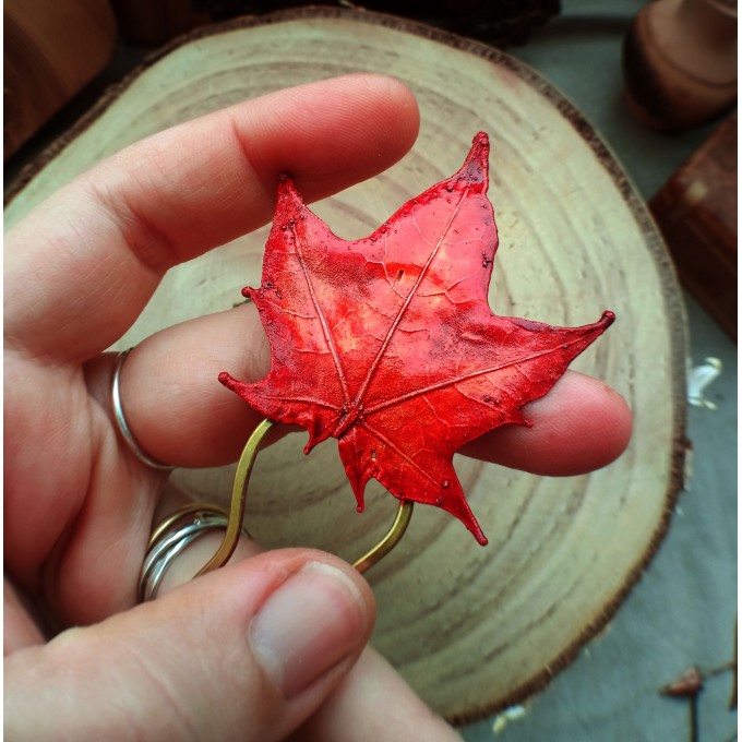 Copper hairstick with red maple leaf