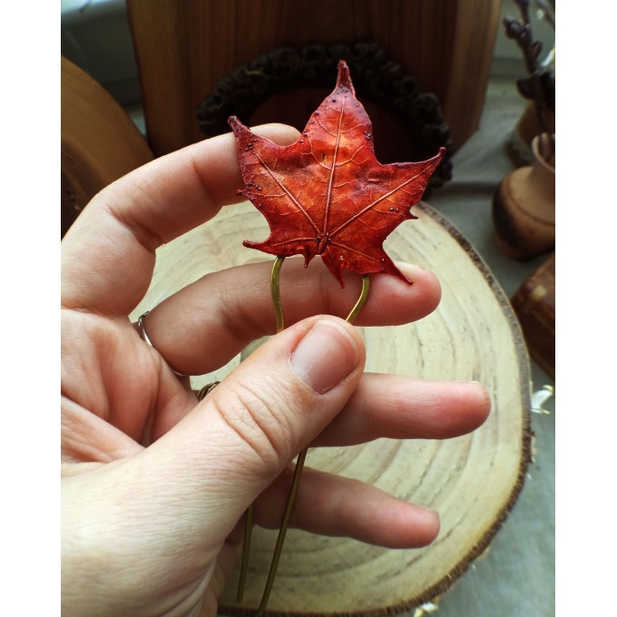 Copper hairstick with red maple leaf