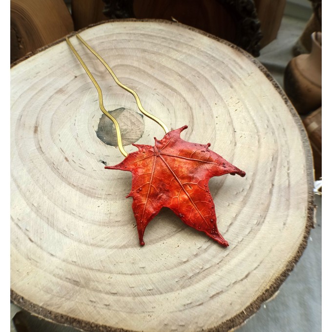 Copper hairstick with red maple leaf