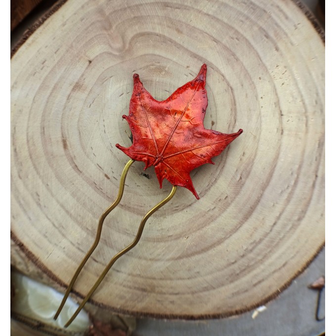 Copper hairstick with red maple leaf