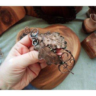 Copper electroformed oak leaves hairclip 