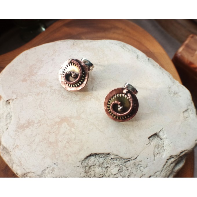 Copper steampunk earrings with real clock parts