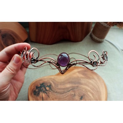 Elven tiara with amethyst handamde of copper