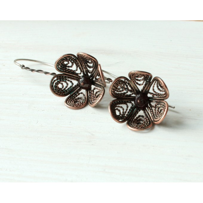 Copper flower filigree earrings