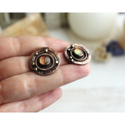Copper steampunk earrings with dichroice glass