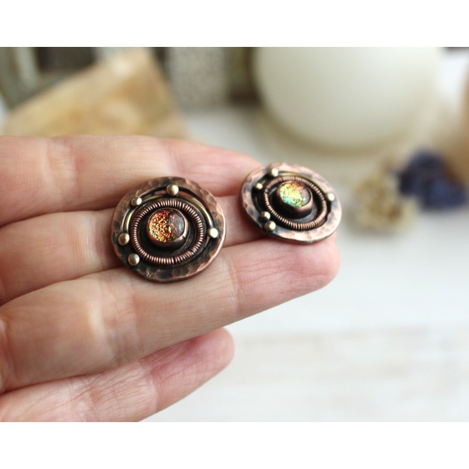 Copper steampunk earrings with glass