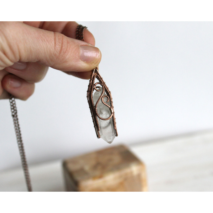 Copper wire wrap quartz necklace