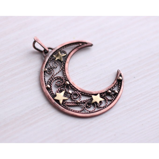 Copper filigree moon necklace