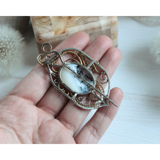 Mixed metal dendrite agate necklace-brooch